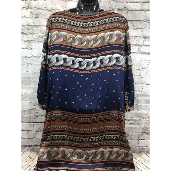 HALE BOB embellished chain link print silk dress navy brown womens sz xs - Picture 4 of 9